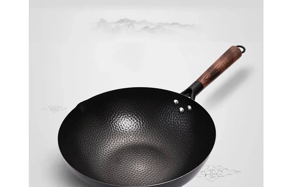 Wok Tradicional de 32 cm en Acero al Carbono - Antiadherente Premium con Tapa de Madera para todo tipo de fogones