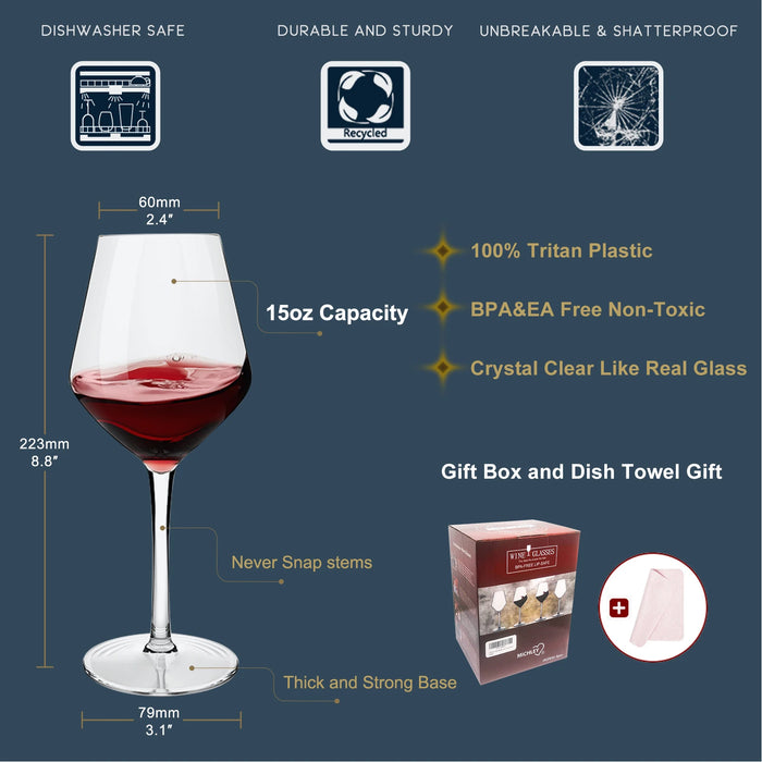 MICHLEY Lot de 2/4/6 verres à vin en plastique Tritan indestructibles pour pique-nique – Verres à vin de luxe réutilisables pour les fêtes et l'extérieur, passent au lave-vaisselle