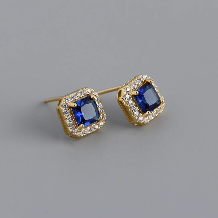 CCFJOYAS Pendientes de Circón Azul Oscuro Chapados en Oro de 18 Quilates con Diseño de Aro en Plata de Ley 925