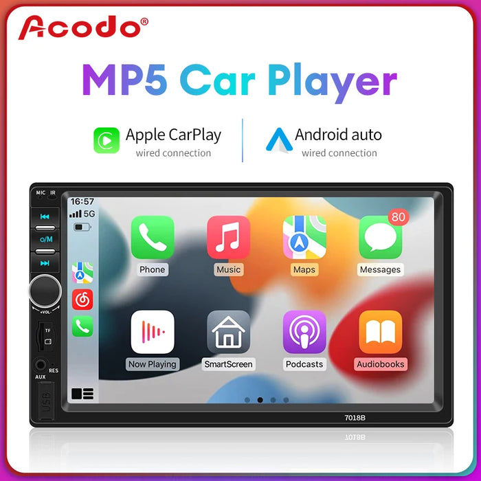 Acodo 2din Stereo 7 Zoll kabelgebundenes Carplay-Radio mit Touchscreen – Multimedia Bluetooth USB TF FM Radio Autoradio MP5-Player