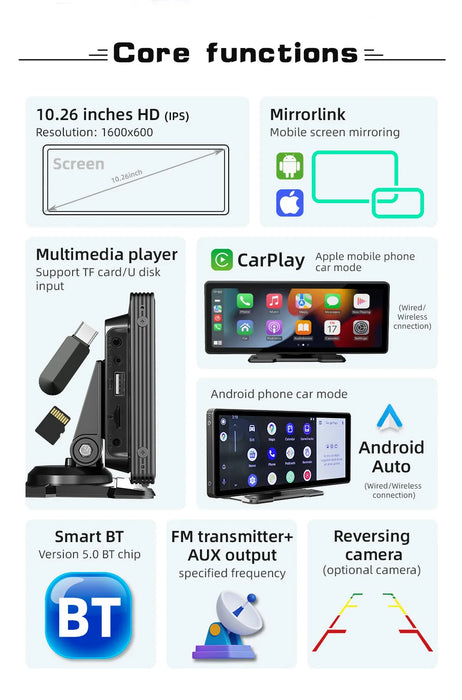 Universeller 10,26-Zoll-Bildschirm, Autoradio, Multimedia, WIFI-Videoplayer, kabelloser Carplay-Bildschirm für Apple oder Android