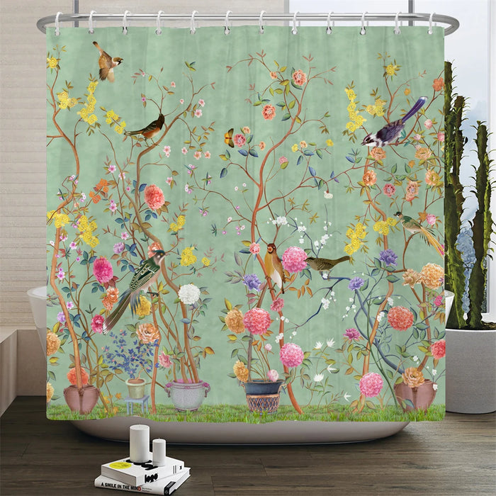 Rideau de douche en forme d'arbre à fleurs et oiseaux de Style chinois, imperméable, décor de salle de bain avec crochets, rideau de bain imprimé en 3D