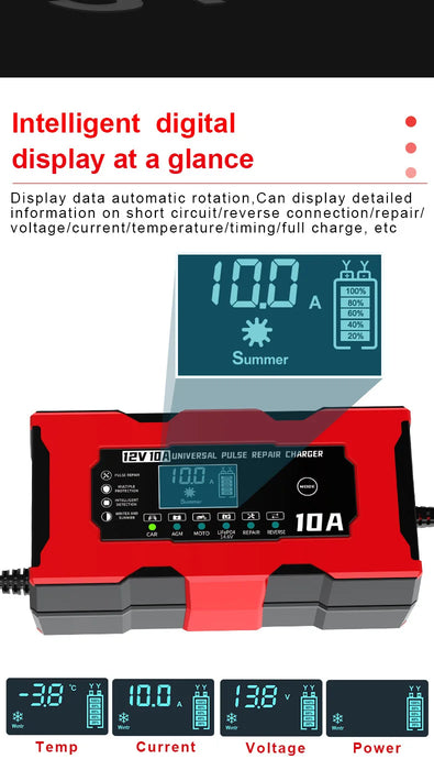 Cargador de batería universal de 12 V 10 A - Solución de carga de 14,6 V 10 A para motocicletas eléctricas, Lifepo4, plomo ácido y reparación inteligente de baterías de litio