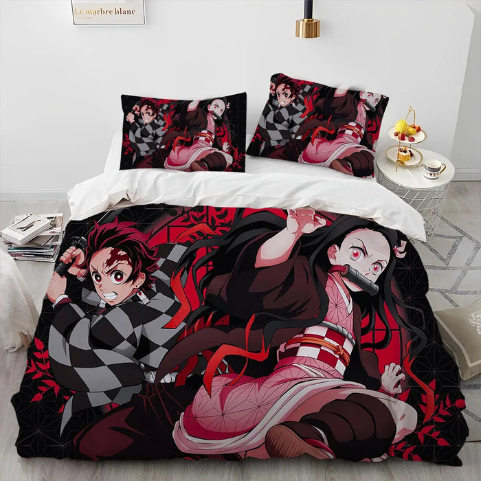 Demon Slayer Bettwäsche-Set Kamado Nezuko Bettbezug-Set Tagesdecke Kissenbezug King Queen Full Single Size Bettwäsche Kinder Teen Geschenk