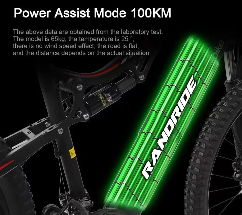 Nueva bicicleta eléctrica RANDRIDE de 1000W, bicicleta eléctrica de 27,5 pulgadas en aleación de aluminio con suspensión total y batería de litio de 48V 17AH