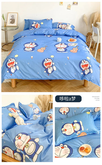 Niedliches Sanrio Hello Kitty Baumwoll-Bettwäsche-Set – vierteilig mit doppeltem Kissenbezug für Flickr-Zimmer und Heimtextilien