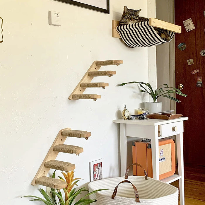 Cat Climbing Shelves Wall Mounted Wooden Cat Tree with Claw Furniture and Rope Ladder for Sleeping and Playing