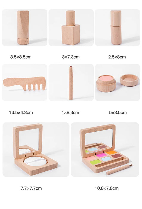 Spiel-Make-up-Set aus Holz für Mädchen – simulierte Schönheitsprodukte mit Lippenstift und Lidschatten – perfektes Geschenk für Kleinkinder