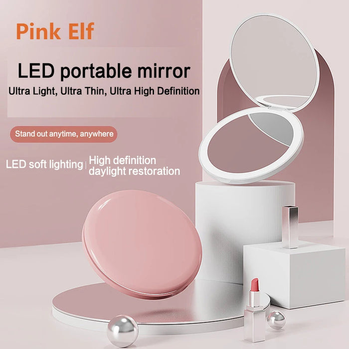 Espejo de maquillaje LED plegable con iluminación - Mini espejo de maquillaje en rosa y blanco para mujer