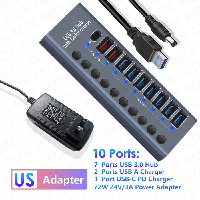 MZX 10 7 4 Port USB Hub 3.0 Aluminum A 3 0 Multi-hub Splitter Concentrator Dock Multiple Extensor Switch Adapter Docking Station