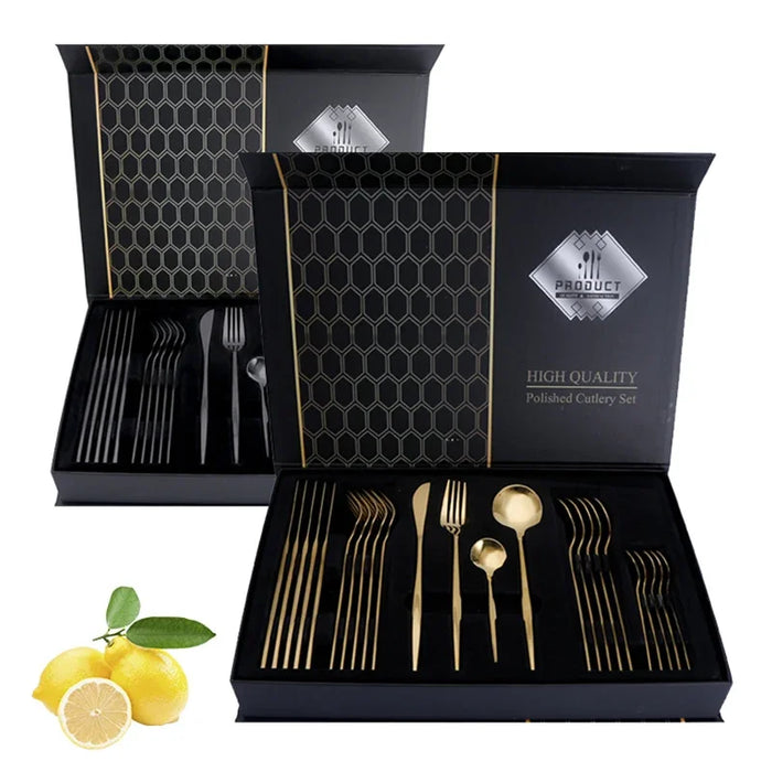 Élégant ensemble de couverts dorés de 24 pièces – couteaux, fourchettes et cuillères en acier inoxydable dans un coffret cadeau de luxe