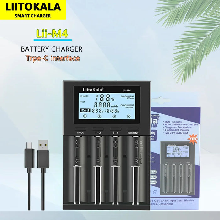 Chargeur LiitoKala Lii-M4 18650 avec écran LCD - Chargeur intelligent universel pour piles 26650, 18650, 21700, AA et AAA, 4 emplacements, 5V 2A