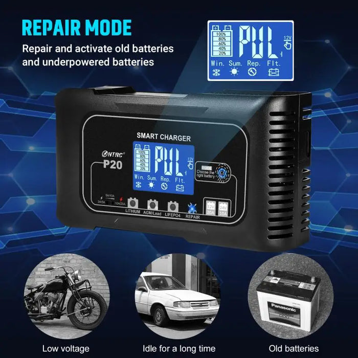 HTRC P20/P15/P10 12 V-24 V chargeur de batterie de voiture LCD réparation automatique d'impulsion charge pour Lifepo4 AGM chargeur de batterie au Lithium au plomb