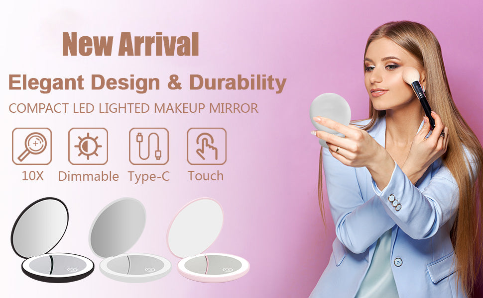 Mini espejo de viaje plegable portátil con luz LED - Espejo de maquillaje con aumento de 10X y doble cara