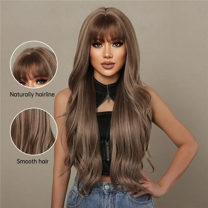 HAIRCUBE – perruque synthétique brune mixte blonde avec frange, perruque longue et ondulée naturelle pour femmes, usage quotidien, Cosplay, résistante à la chaleur