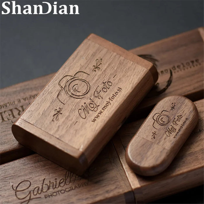 SHANDIAN Free LOGO Wooden + Box USB 2.0 Pen Drive 4GB 16GB 32GB 64GB Flash Drive Wedding Photography Gift U Disk