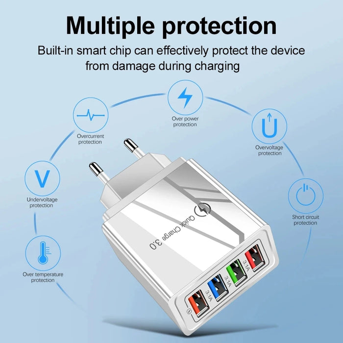 Chargeur USB EU US Plug 3A avec 4 ports et Quick Charge 3.0 pour mobile et tablette