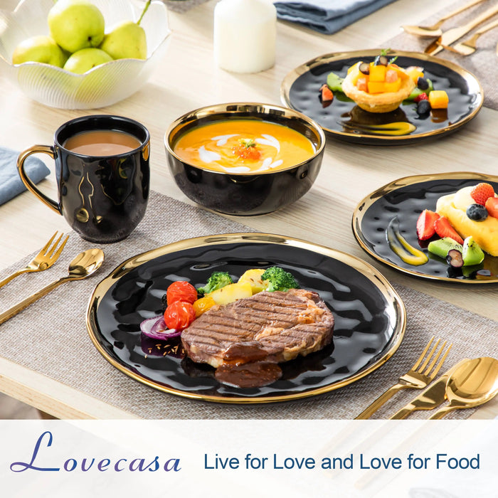 LOVECASA 16/32-teiliges Tafelservice aus schwarzem Porzellan mit Goldrand – Dessertteller, Speiseteller, Tasse, Schüssel-Set