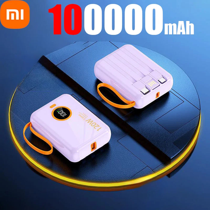 Xiaomi 120 W Schnelllade-Powerbank 100.000 mAh – 3 in 1 mit integriertem Kabel, externer Akku für iPhone, Huawei und Xiaomi 2024 Neu