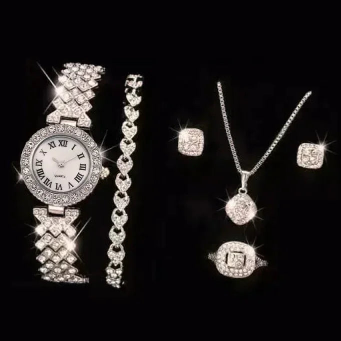 Conjunto de joyería de lujo con reloj, collar, aretes, anillo y pulsera para mujer: diamantes de imitación brillantes y diseño elegante