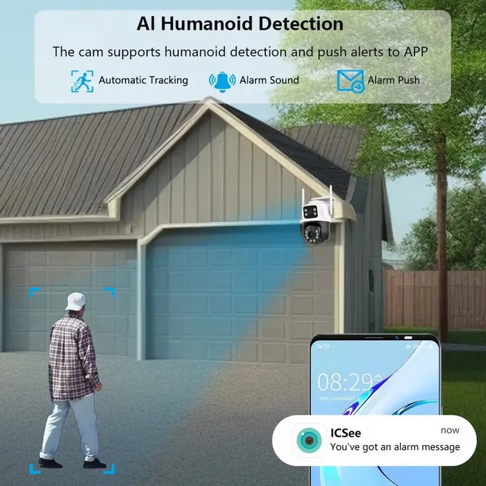 Hiseeu 4K 8MP WiFi-Überwachungskamera mit zwei Objektiven, 4-fachem Digitalzoom und KI-Menschenerkennung – Drahtlose PTZ-IP-Sicherheitskamera für den Außenbereich