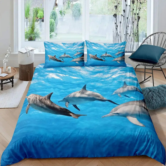 Juego de cama 3D con motivo de delfines - Motivo de mar azul en tamaño Queen y King para niños y adultos