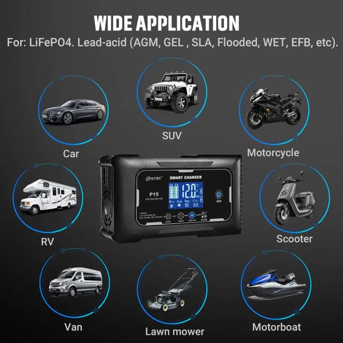 HTRC P20/P15/P10 12 V-24 V chargeur de batterie de voiture LCD réparation automatique d'impulsion charge pour Lifepo4 AGM chargeur de batterie au Lithium au plomb