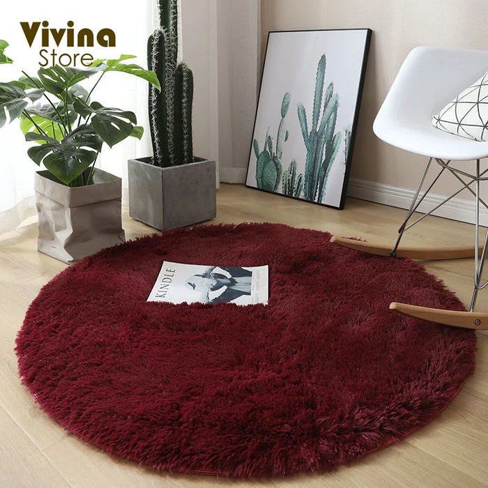 Round Green Plush Rug for Living Room - Fluffy Carpet for Sofa and Chairs, Long-Haired Floor Mat for Bathroom and Kids' Room Décor