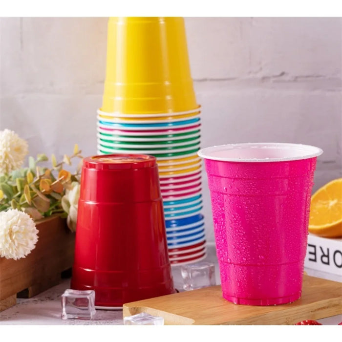 Vasos Desechables de Colores en Rojo, Azul, Amarillo y Verde - Vasos de Plástico de 16 oz para Fiestas, Bodas y Cumpleaños (50 piezas)