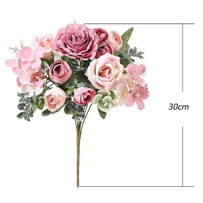 Eleganter Strauß aus Seidenpfingstrosen, Rosen und Hortensien – 7 Stiele künstlicher Blumen für Dekoration und Hochzeit