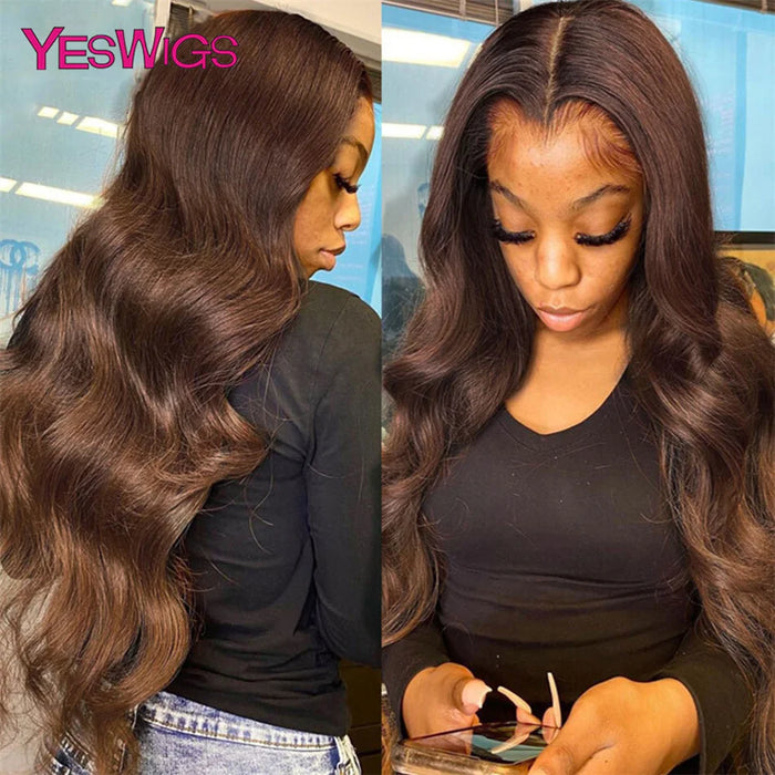 HD 13x6 Chokladbrun Body Wave Lace Front Peruk Transparent 13x4 Lace Frontal Peruk Äkta Hår Förplockad Färgad Äkta Hår Peruk