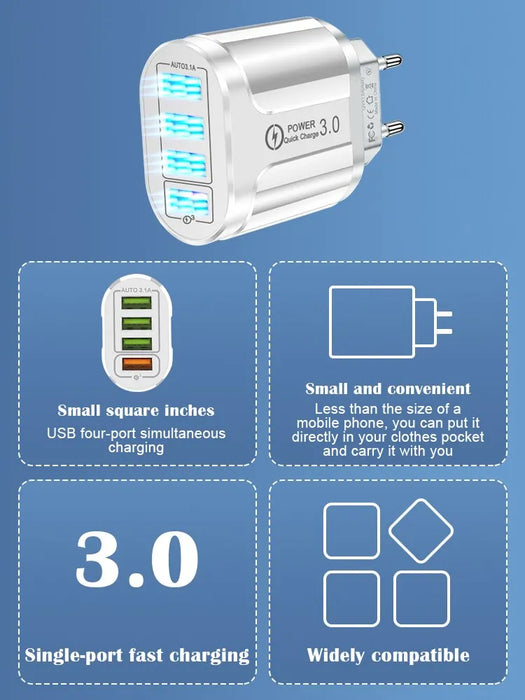 Cargador USB de 18 W y 4 puertos con Quick Charge 3.0 - Cargador de pared portátil para teléfonos móviles y tabletas, compatible con UE/EE. UU.