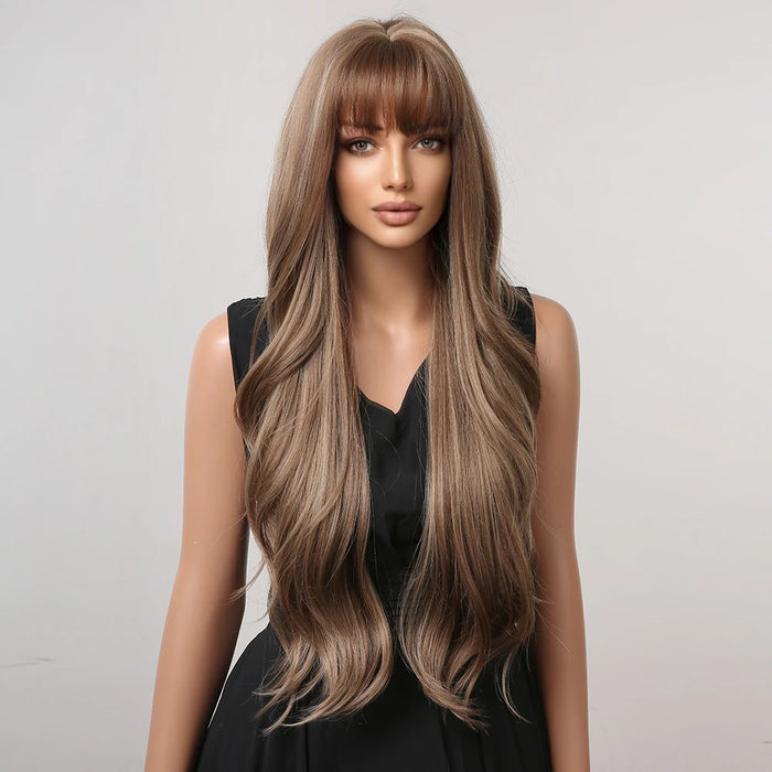 HAIRCUBE – perruque synthétique brune mixte blonde avec frange, perruque longue et ondulée naturelle pour femmes, usage quotidien, Cosplay, résistante à la chaleur