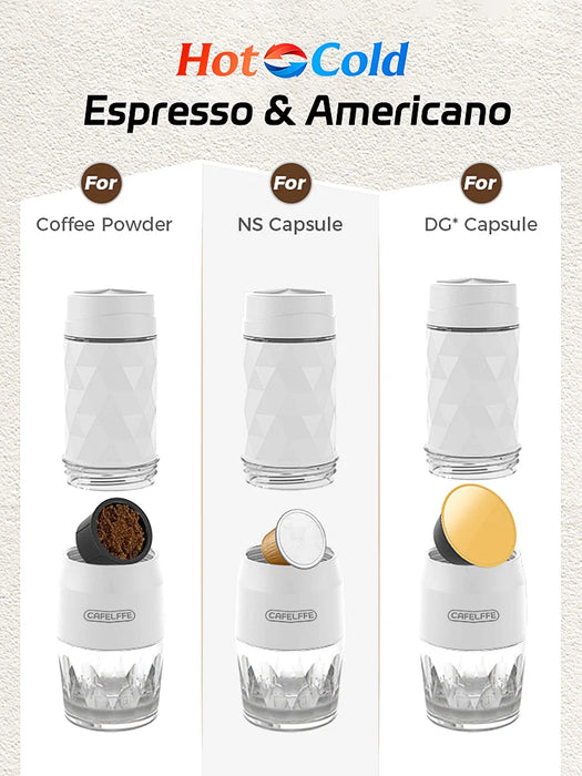 Cafelffe Cafetera portátil 3 en 1 para agua fría/caliente - Cafetera espresso manual para cápsulas y café molido para senderismo y viajes