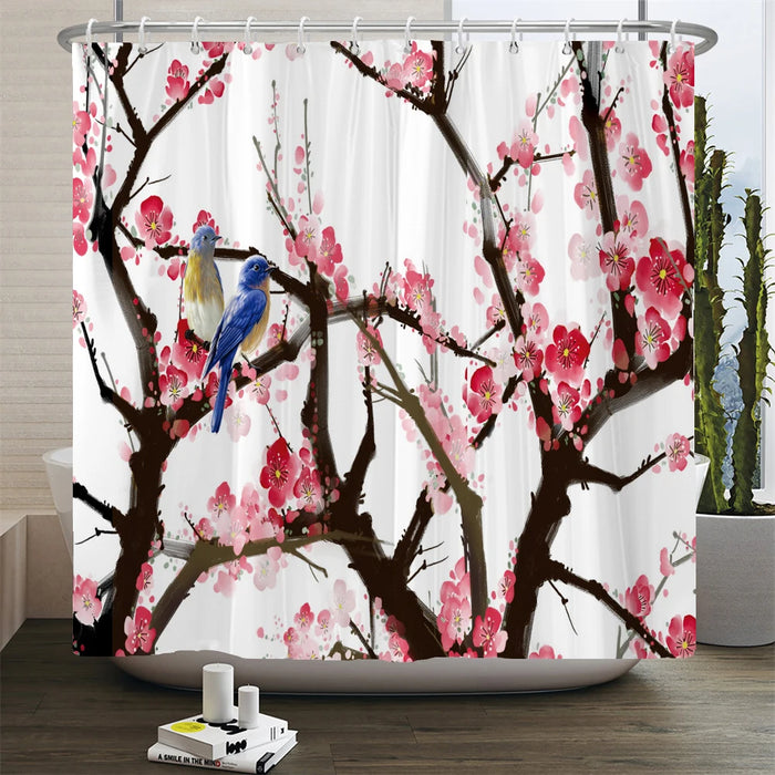 Rideau de douche fleurs et oiseaux de style chinois, décor de salle de bain étanche avec crochets, rideau de douche imprimé 3D