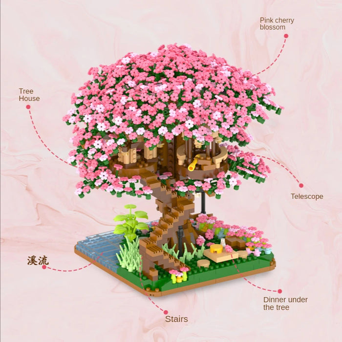 Arbre en fleurs de cerisier et maison de train à couleurs changeantes, 2138 pièces, Kit de construction créatif pour enfants et adultes