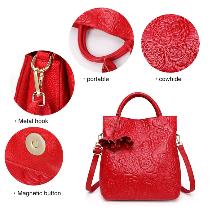 Elegant Floral Embossed Women's Leather Crossbody Bag, Spacious Top Grain Cowhide Bucket Bag