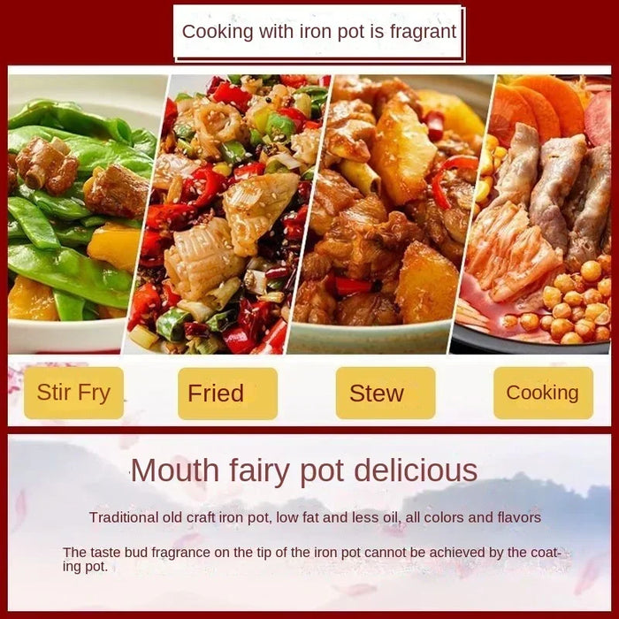 Traditionelle chinesische Bratpfanne aus Eisen mit Griff, unbeschichtetes Kochgeschirr mit rundem Boden für Gasherde
