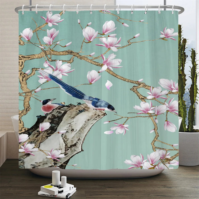 Rideau de douche en forme d'arbre à fleurs et oiseaux de Style chinois, imperméable, décor de salle de bain avec crochets, rideau de bain imprimé en 3D