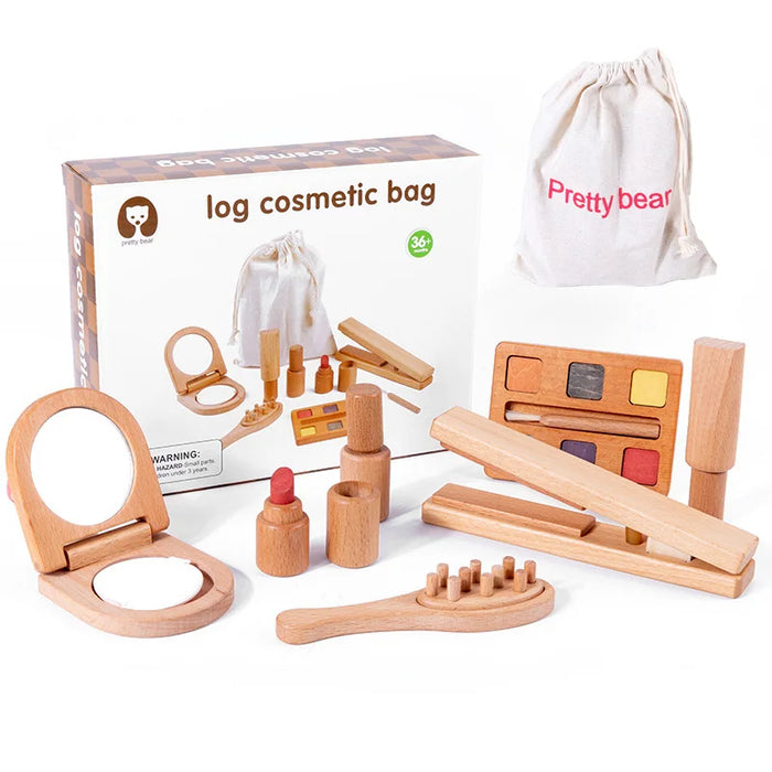 Spiel-Make-up-Set aus Holz für Mädchen – simulierte Schönheitsprodukte mit Lippenstift und Lidschatten – perfektes Geschenk für Kleinkinder