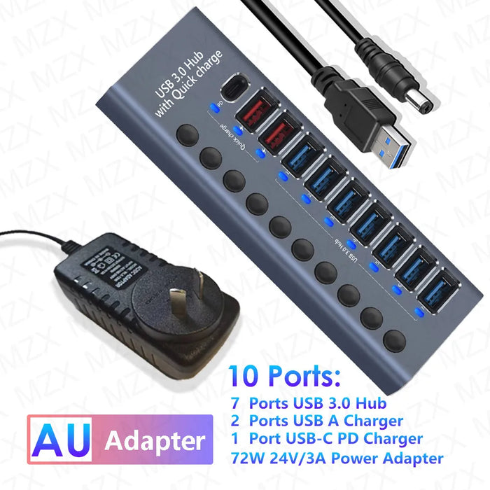 MZX 10 7 4 Port USB Hub 3.0 Aluminum A 3 0 Multi-hub Splitter Concentrator Dock Multiple Extensor Switch Adapter Docking Station