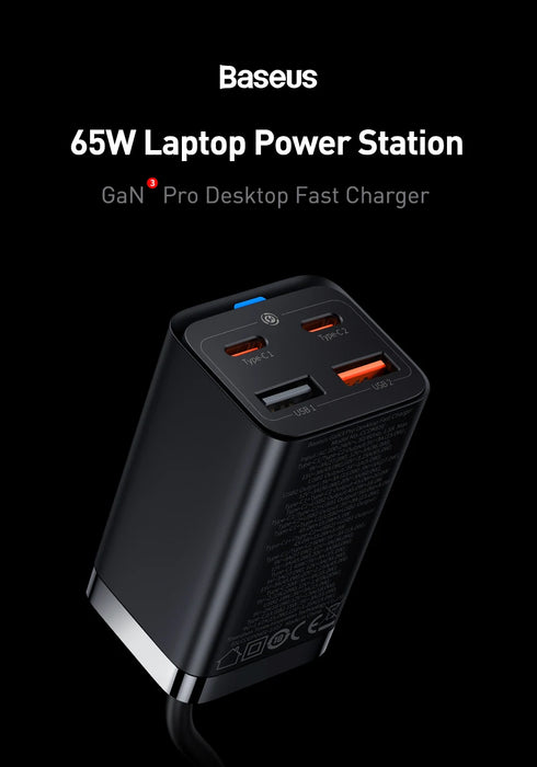 Baseus 65W GaN Desktop Fast Charger - Cargador 4 en 1 para portátil y teléfono móvil para iPhone 15, 14, 13 Pro Max, Xiaomi y Samsung