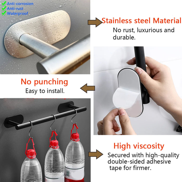 Práctico paquete de 4 accesorios autoadhesivos para baño y cocina: toalleros, portarrollos y ganchos