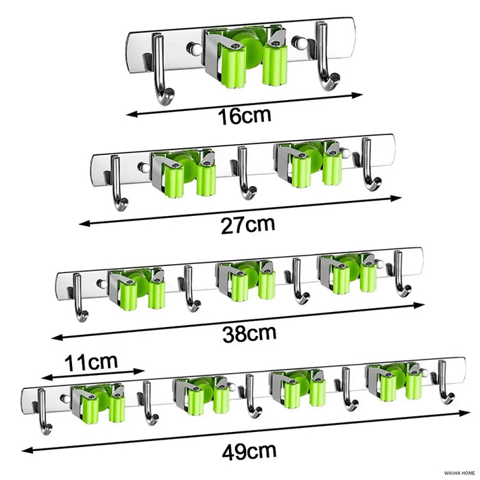 Soporte para fregona de pared con mango de acero, almacenamiento para cocina y baño