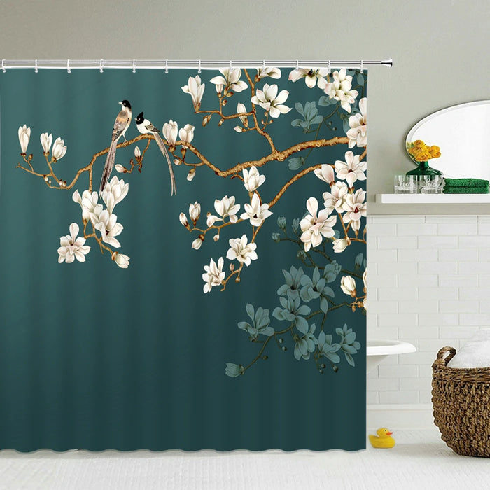 Rideau de douche fleurs et oiseaux de style chinois, décor de salle de bain étanche avec crochets, rideau de douche imprimé 3D