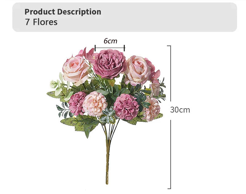 Eleganter Strauß aus Seidenpfingstrosen, Rosen und Hortensien – 7 Stiele künstlicher Blumen für Dekoration und Hochzeit