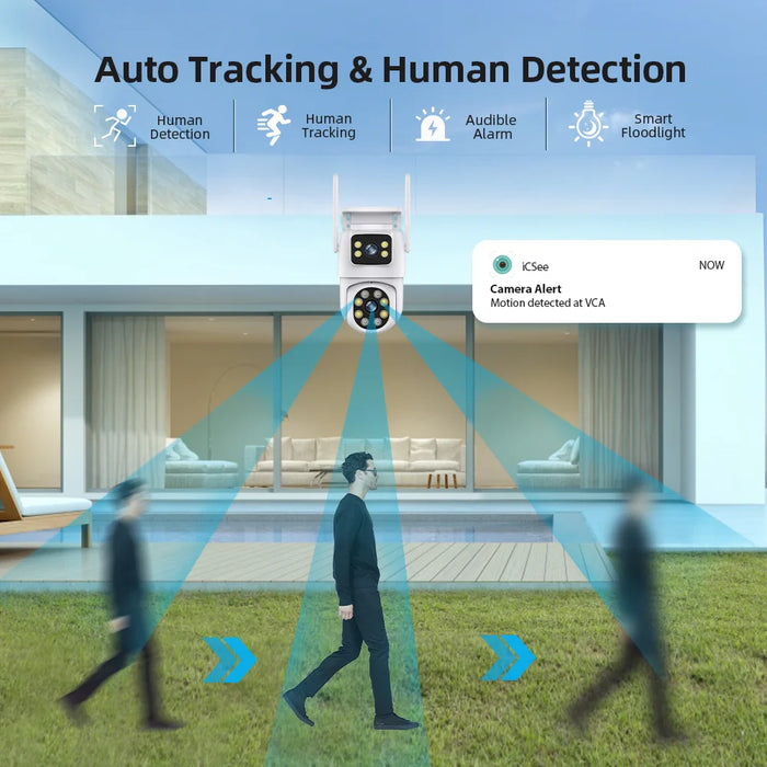 8-MP-Überwachungskamera für den Außenbereich mit zwei Objektiven und zwei Bildschirmen, AI-Tracking, IP-Video-WLAN-PTZ-Kamera mit Zwei-Wege-Audio