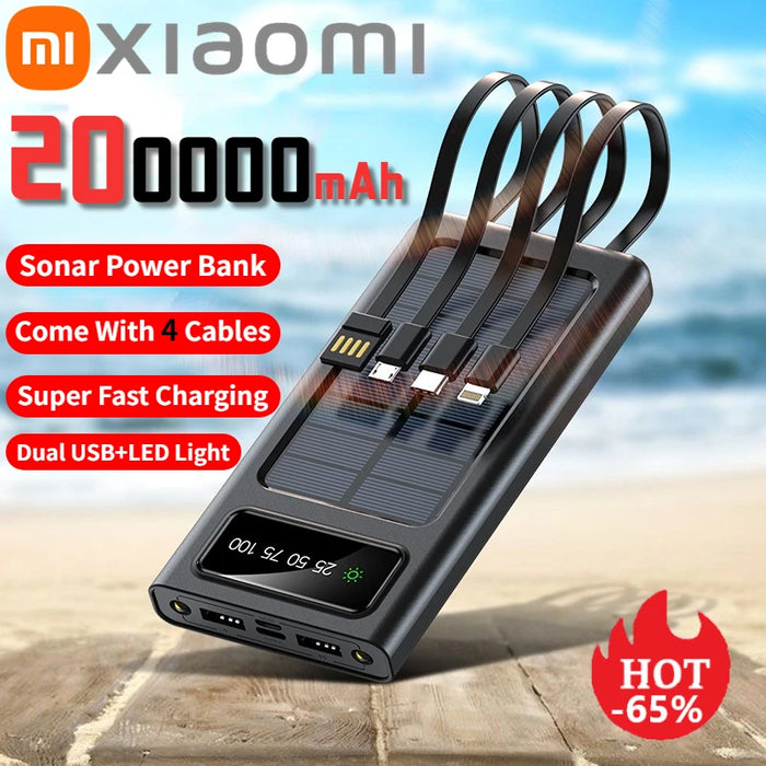 Power Bank Solar Xiaomi 200000mAh con alta capacidad, carga rápida y doble puerto USB y 4 cables para iPhone y Samsung