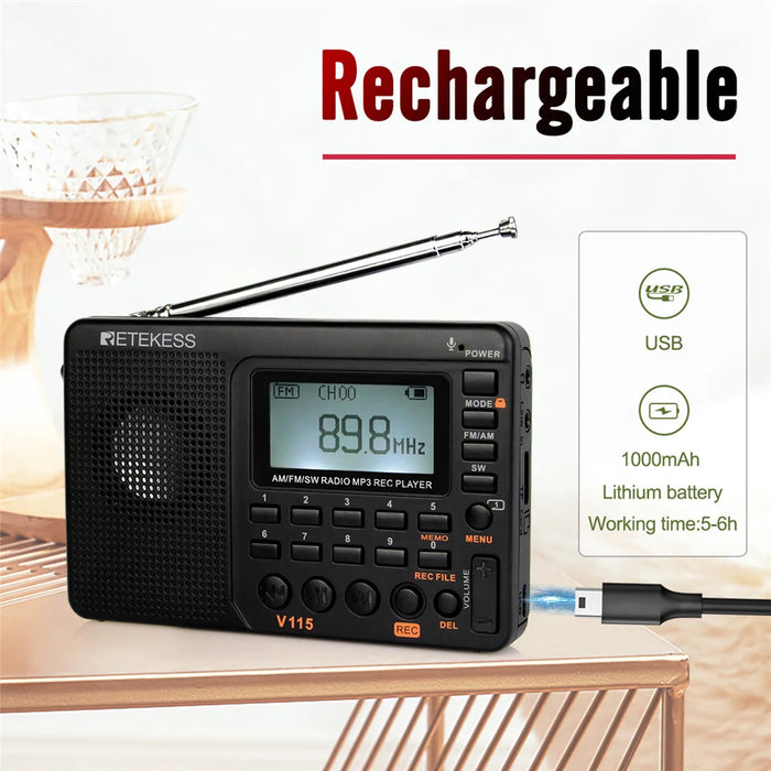 RETKEKESS V115 Radio portable FM AM SW – Radio à ondes courtes rechargeable avec enregistrement USB et haut-parleur