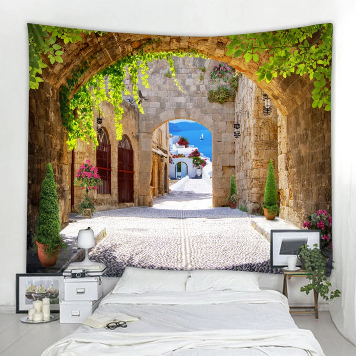 Belle tapisserie murale nature avec imprimé cascade et forêt, bonnet d'inspiration hippie, décoration murale mandala bohème